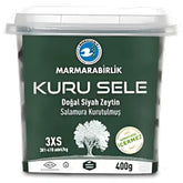 This 400g Marmarabirlik Natural Black Olives container, featuring green packaging with a white tree design, is perfect for snacking.